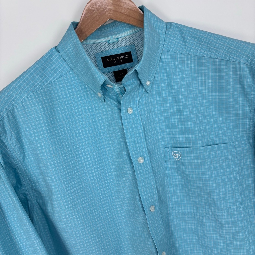 Ariat Pro Series Button Down Shirt Mens Large Turquoise Blue Plaid Western Work